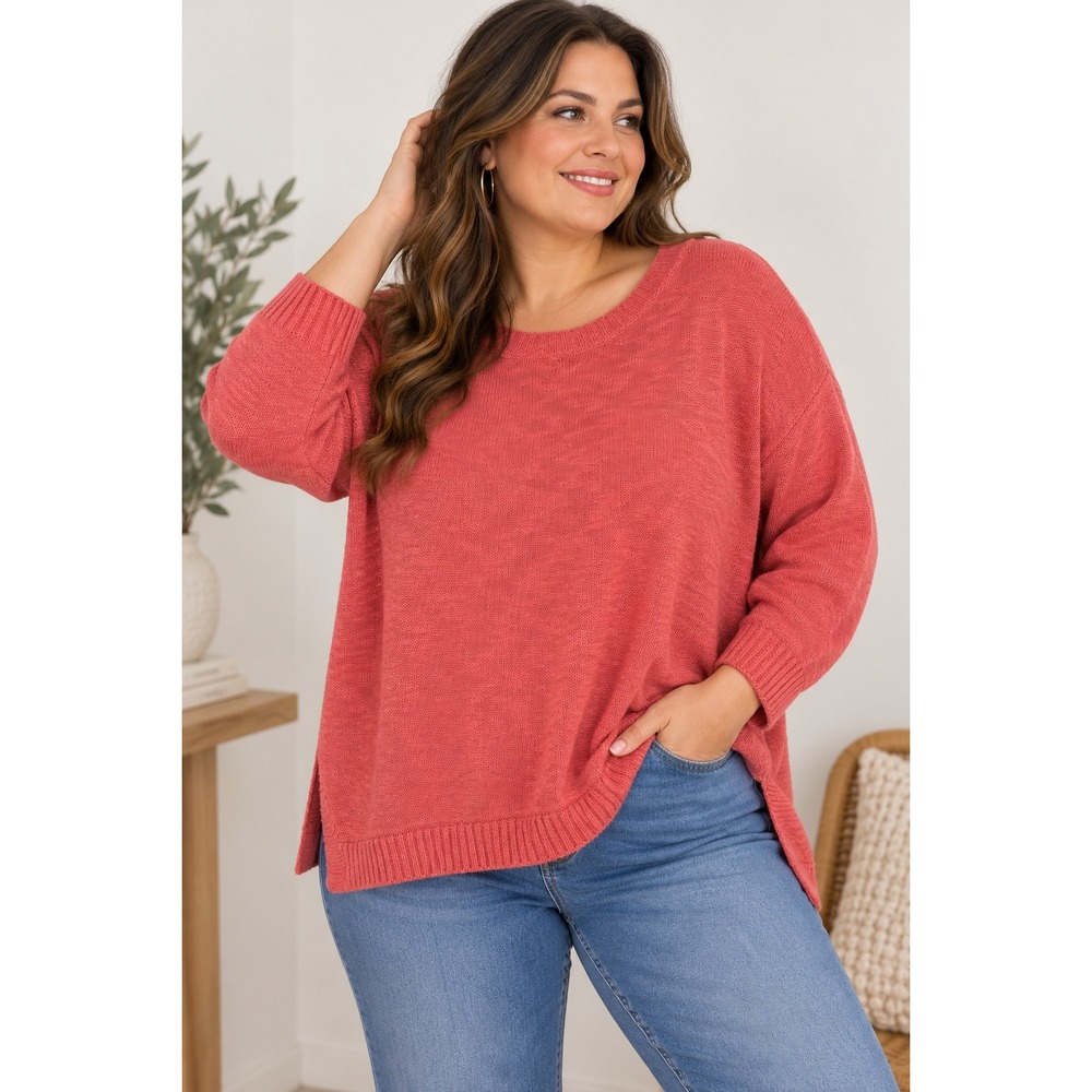 Torrid Sweater Women Size Large Coral Pink Knit Hi-Low Slit Hem Lightweight